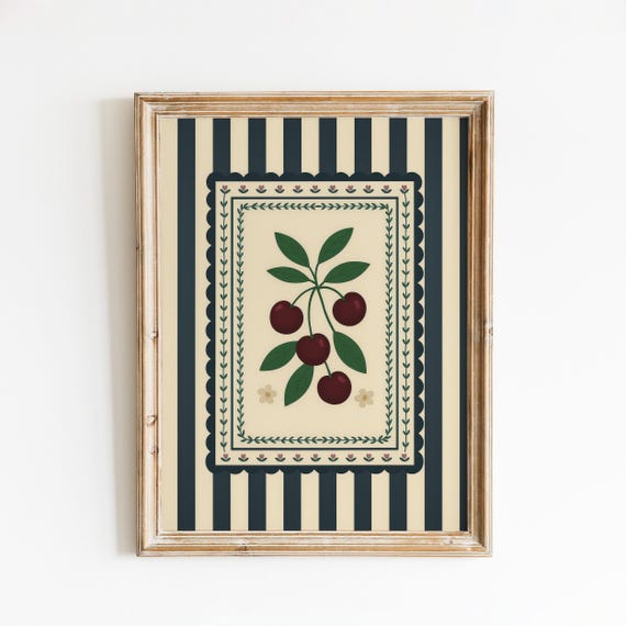 Cherry Folk Art Print Vintage Botanical Kitchen Wall Decor
