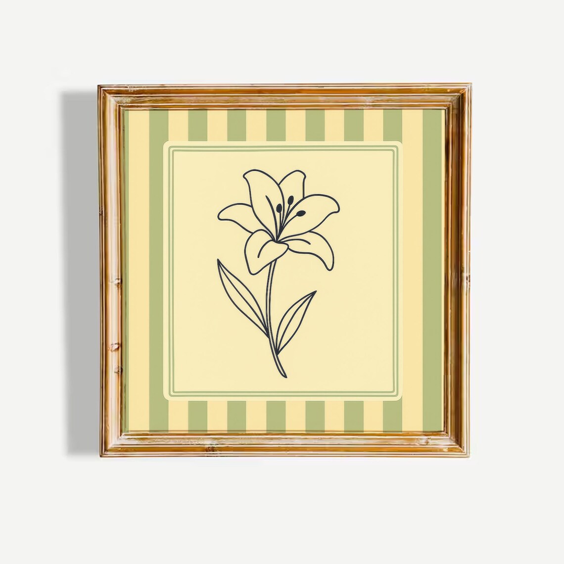 Lily Line Art Minimal Flower Poster Pale Green Striped Border