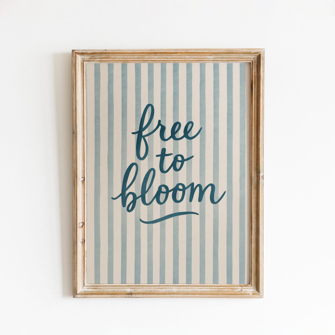 Free To Bloom Teal Hand Lettered Script Blue Striped Quote Print