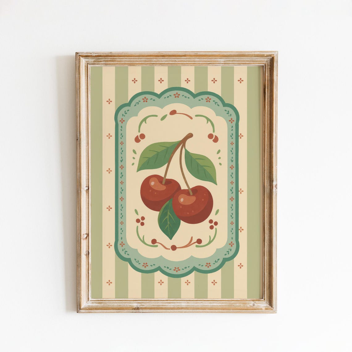 Vintage Cherry Illustration Scalloped Label Green Stripe Poster
