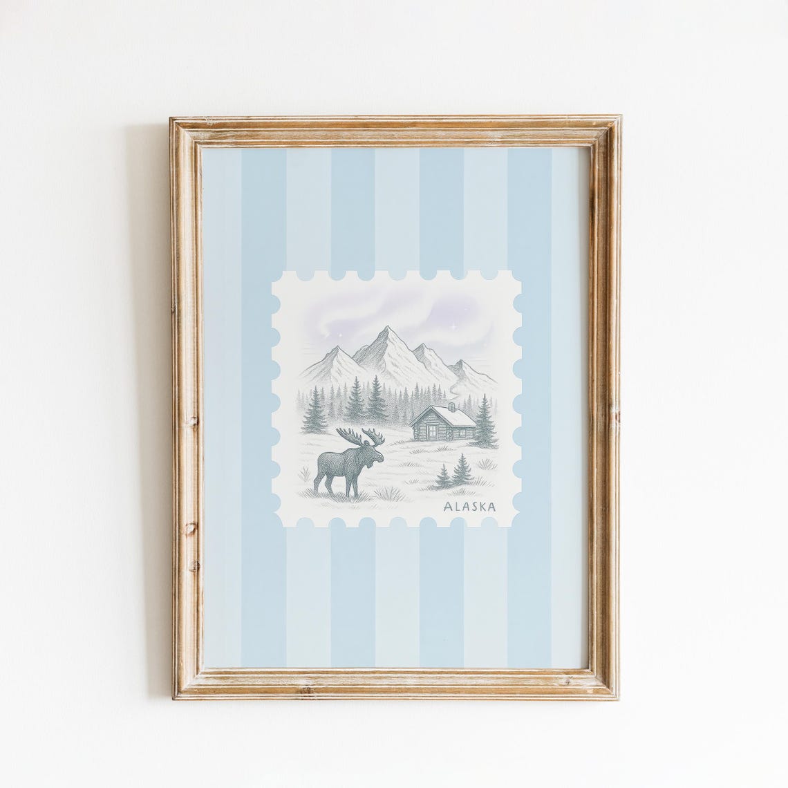 Alaska Cabin Scene Poster Cozy Lodge Moose Stamp Art Print
