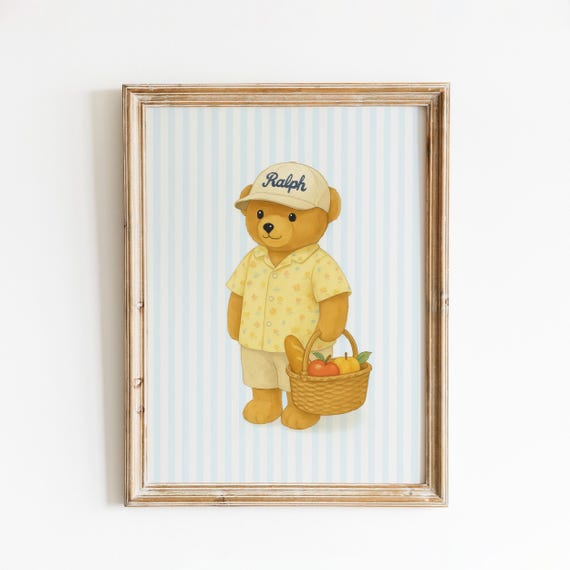 Picnic Teddy Bear Blue Striped Wall Art Print