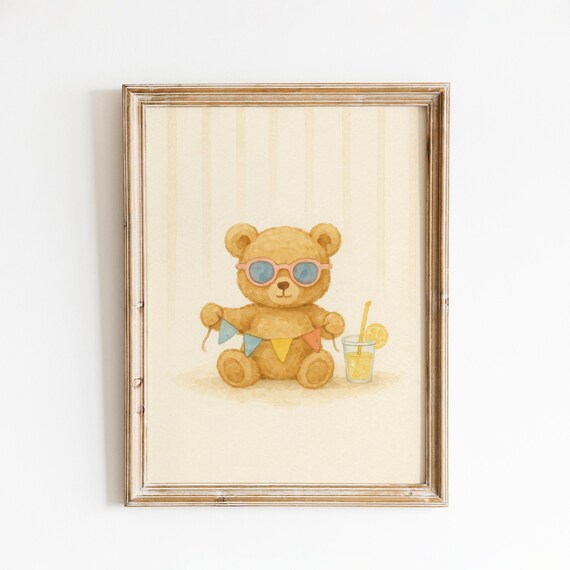 Cute Teddy Bear With Sunglasses Summer Lemonade Nursery Poster