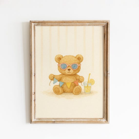 Summer Teddy Bear Nursery Poster Cute With Sunglasses And Lemonade