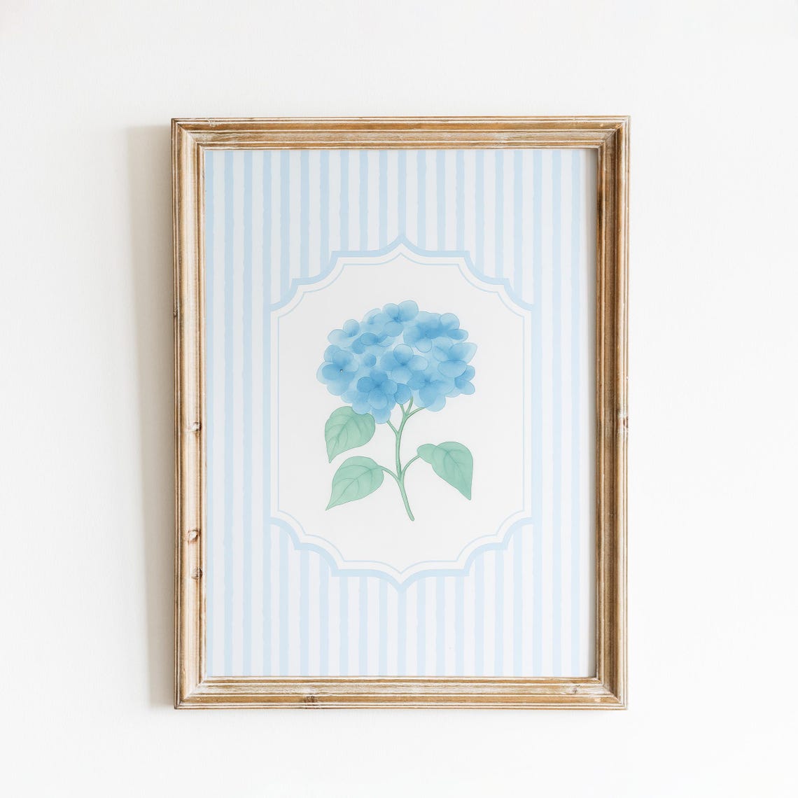 Blue Hydrangea Botanical Bloom Blue Stripe Frame Floral Wall Art