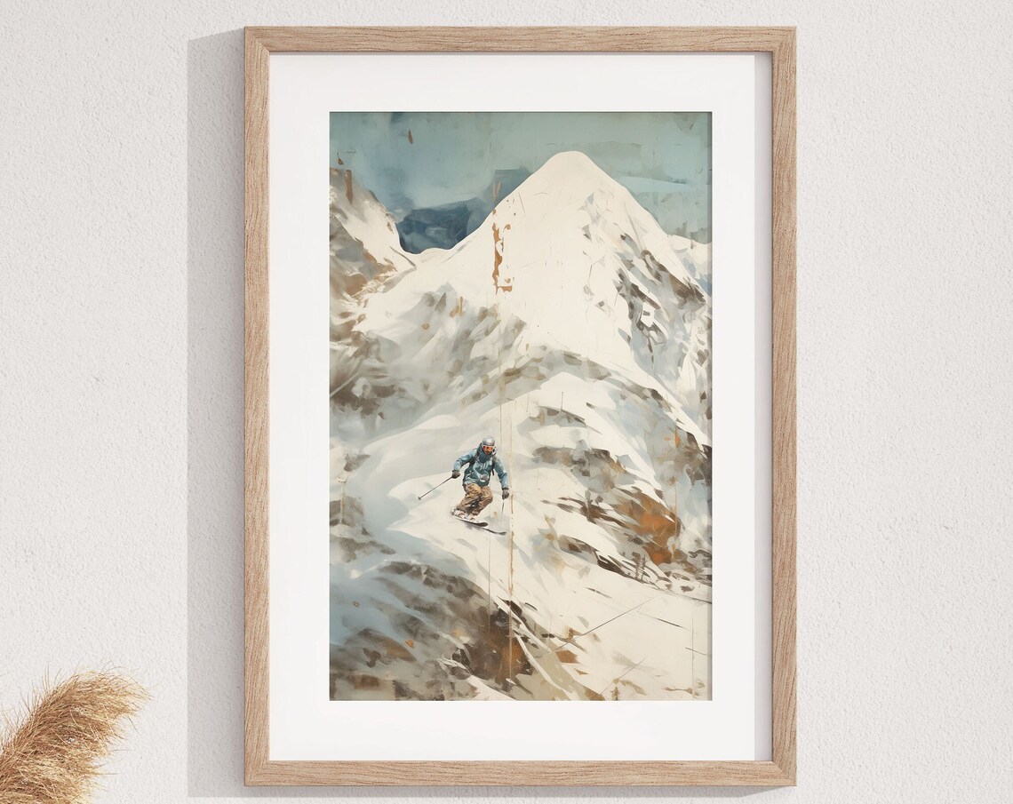Backcountry Skier Powder Descent Muted Vintage Winter Scene Wall Art - Image 2