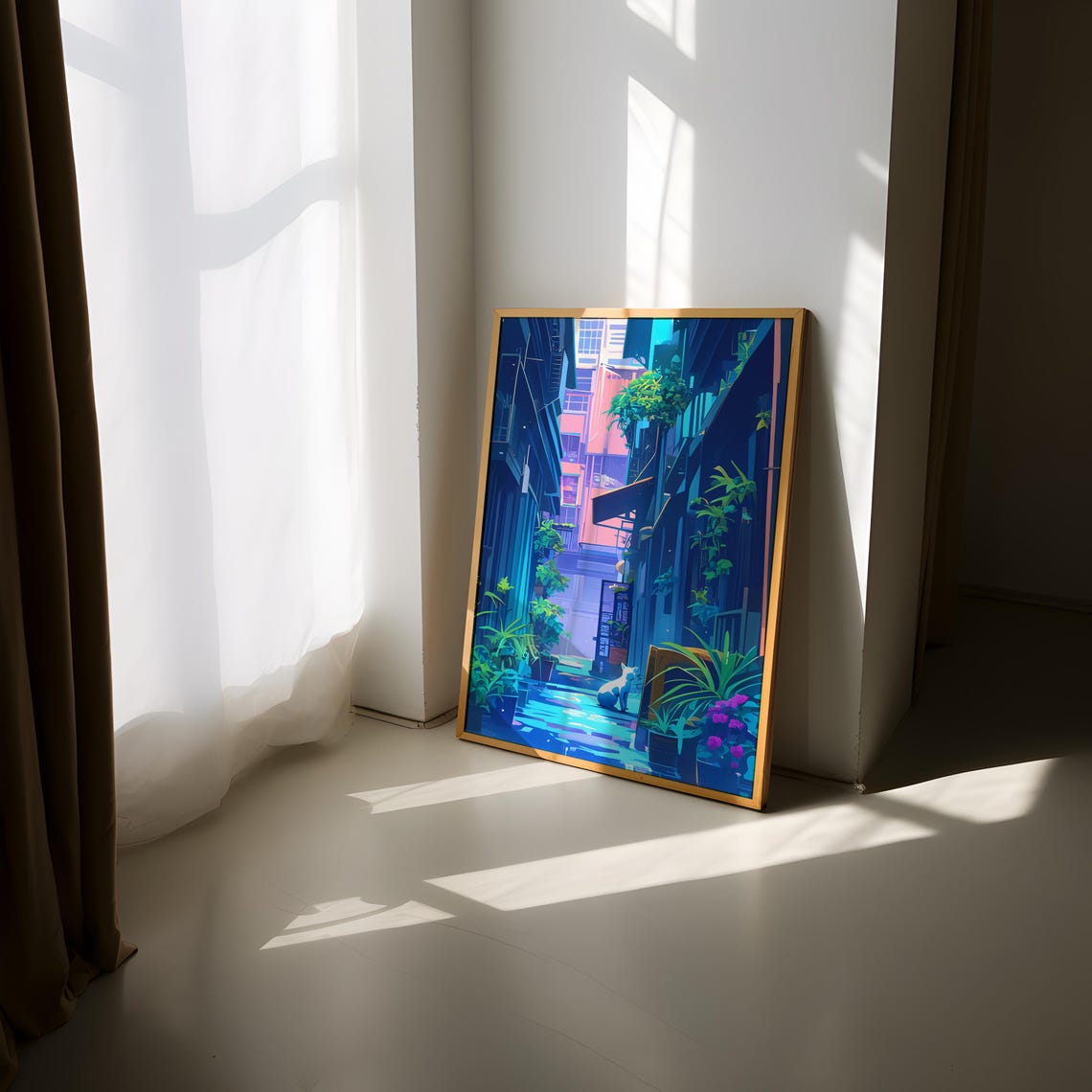 Quiet Anime Alley White Cat Neon Plants Tranquil Cityscape Poster - Image 2