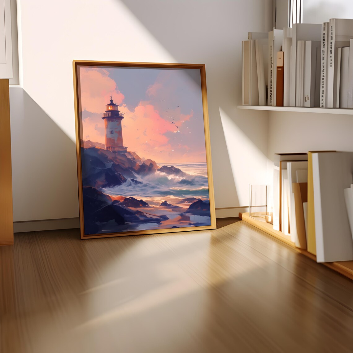 Anime Lighthouse Rocky Coast Sunset Pastel Clouds Seascape Poster - Image 3