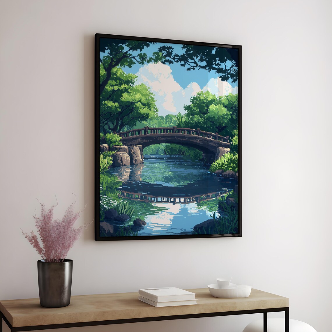 Pixel Art Wooden Bridge Forest Pond Serene Nature Landscape Poster - Image 4