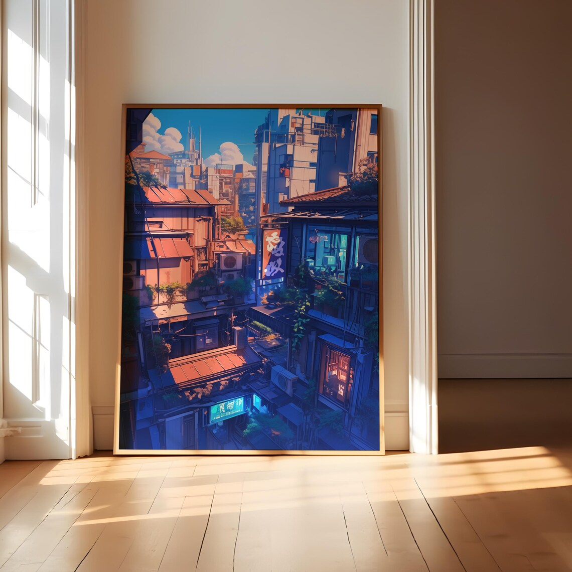 Sunlit Tokyo Street Scene With Red Bus Anime City View Poster - Image 4
