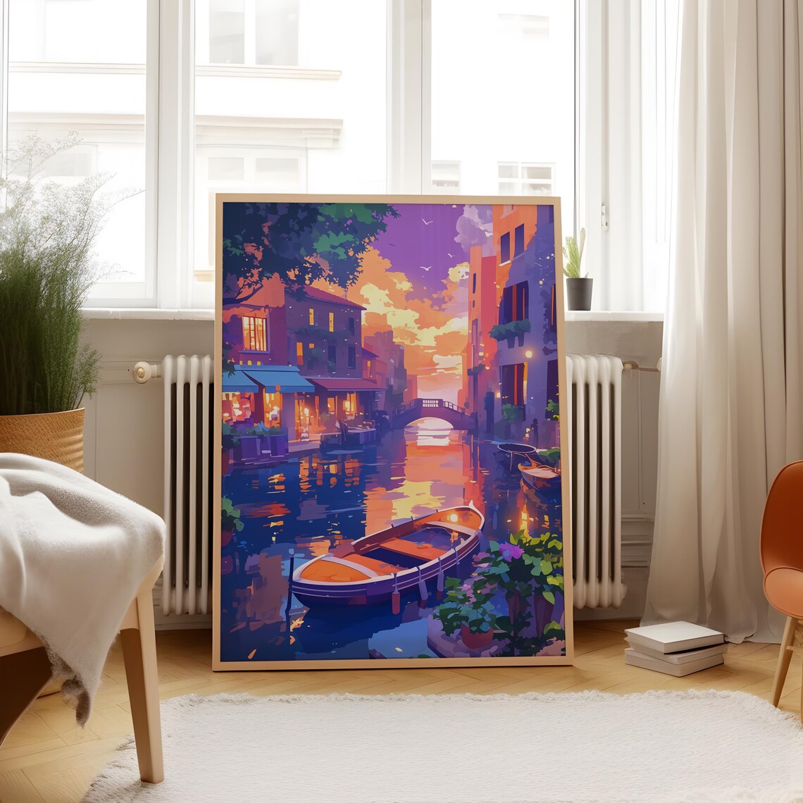 Canal Sunset Wooden Boat Glowing Waterfront Dreamy Evening Art Poster - Image 4