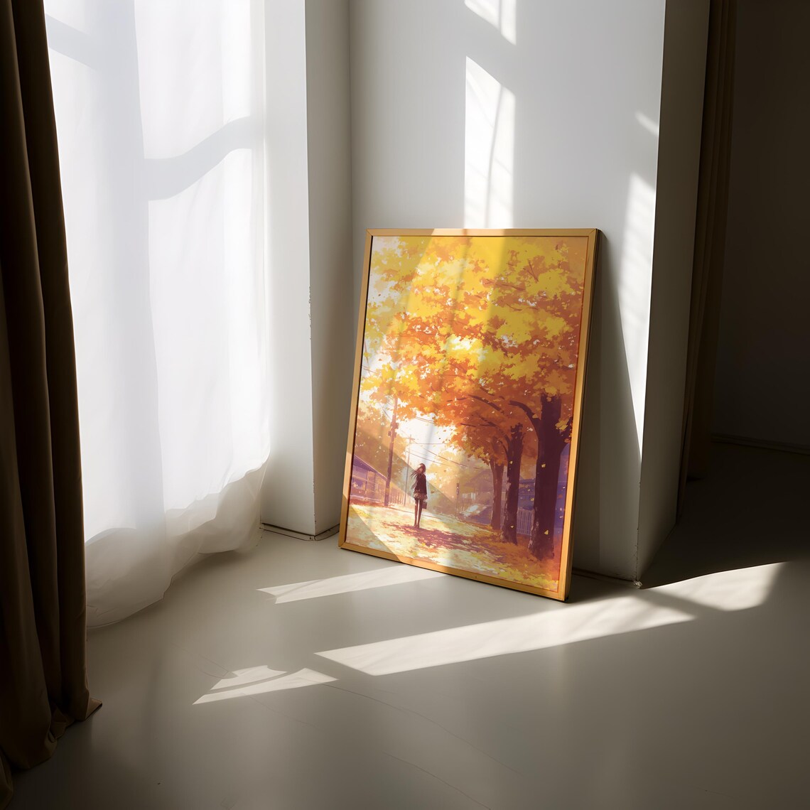 Lone Anime Girl on Autumn Road Under Blazing Orange Canopy Poster - Image 3