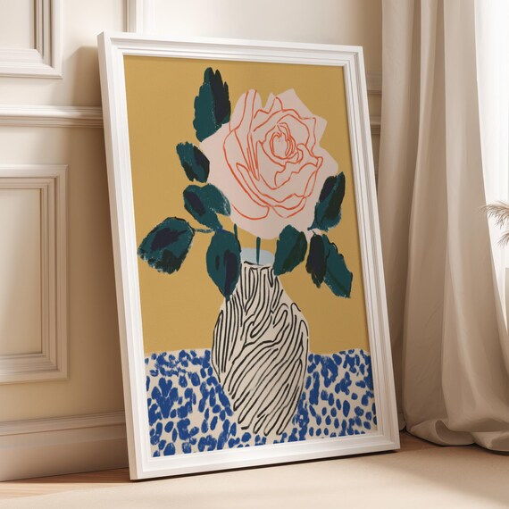 Pink Rose In Vase Modern Abstract Art Botanical