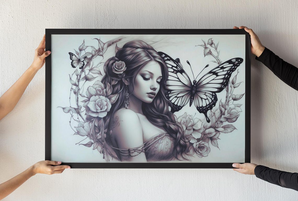 Butterfly Woman With Roses Sketch Black And White Fantasy Poster - Image 4