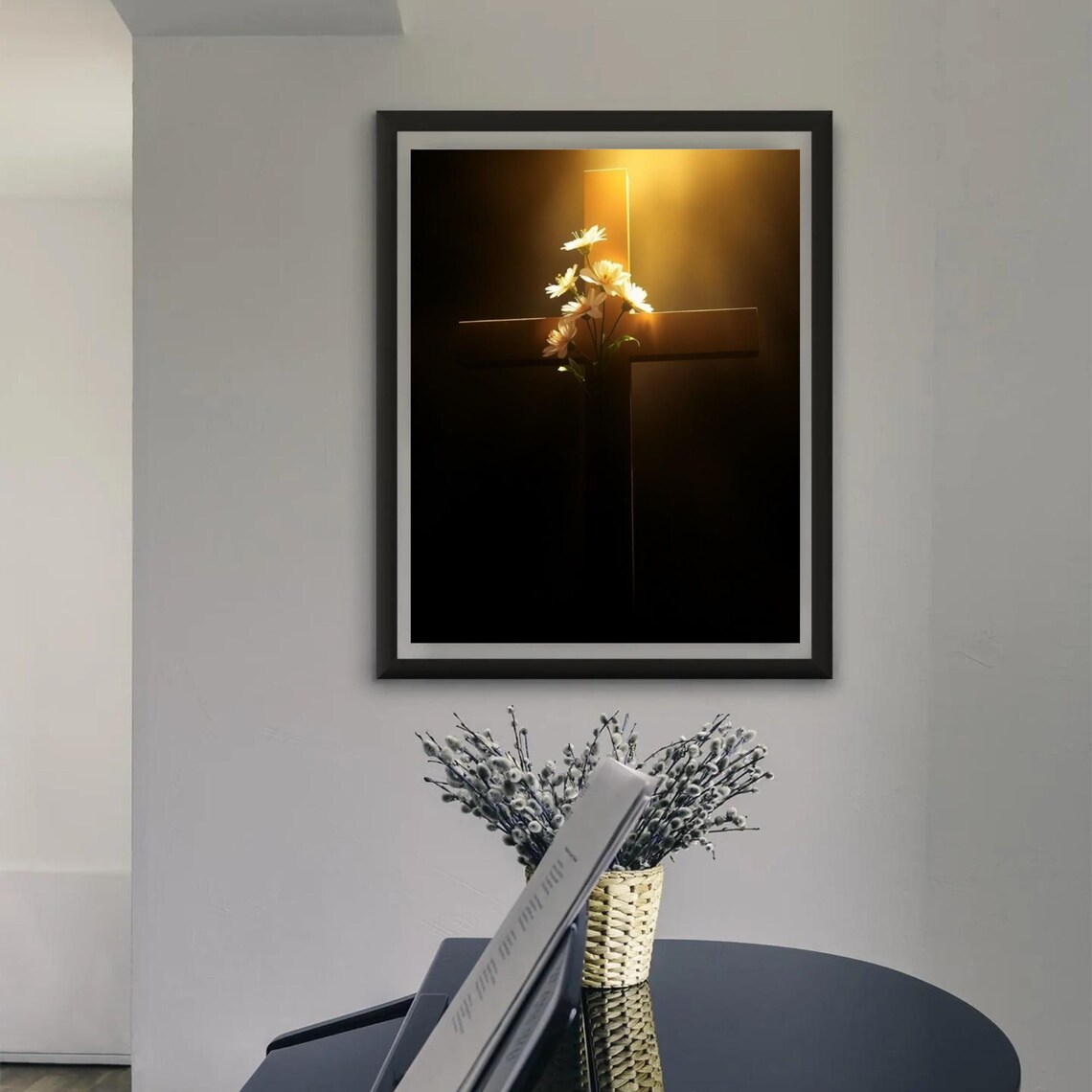 Wooden Cross With White Daisies In Golden Light Christian Wall Poster - Image 3