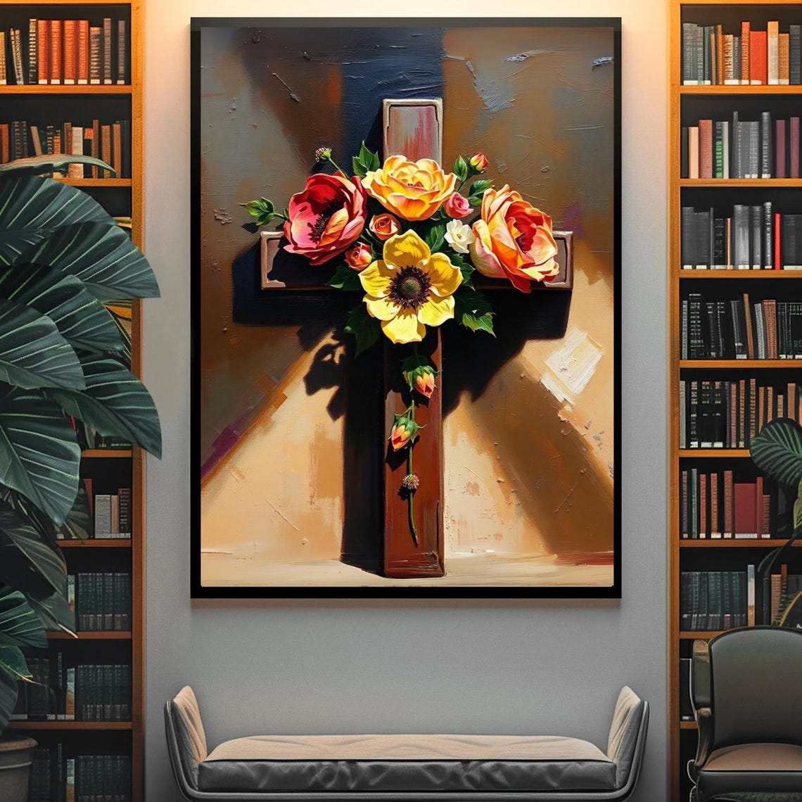 Wooden Cross With Red And Yellow Roses Warm Light Faith Wall Poster - Image 4