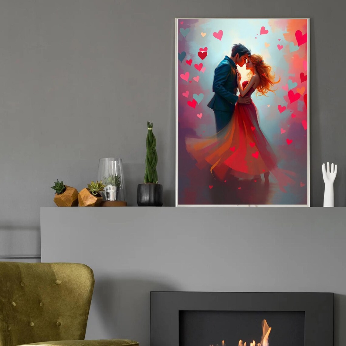 Romantic Dancing Couple In Red Dress Surrounded By Hearts Poster - Image 2