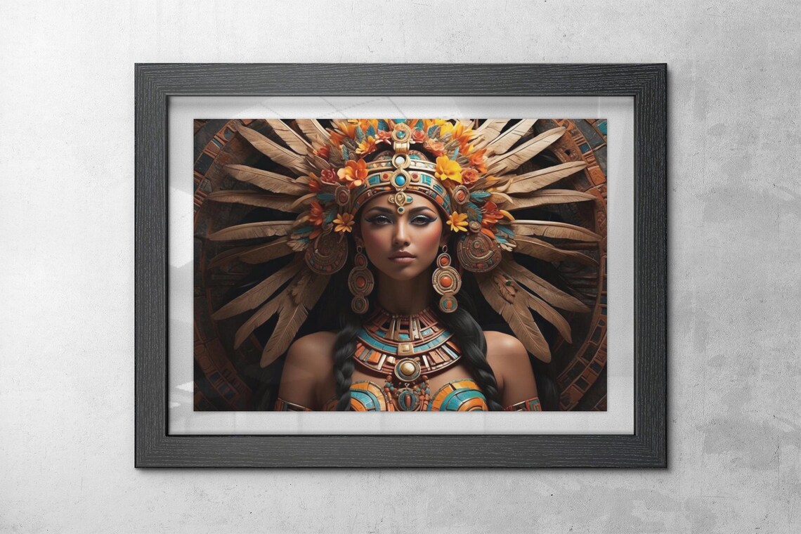 Aztec Sun Goddess Feather Headdress Gold Jewelry Portrait Art Print - Image 4