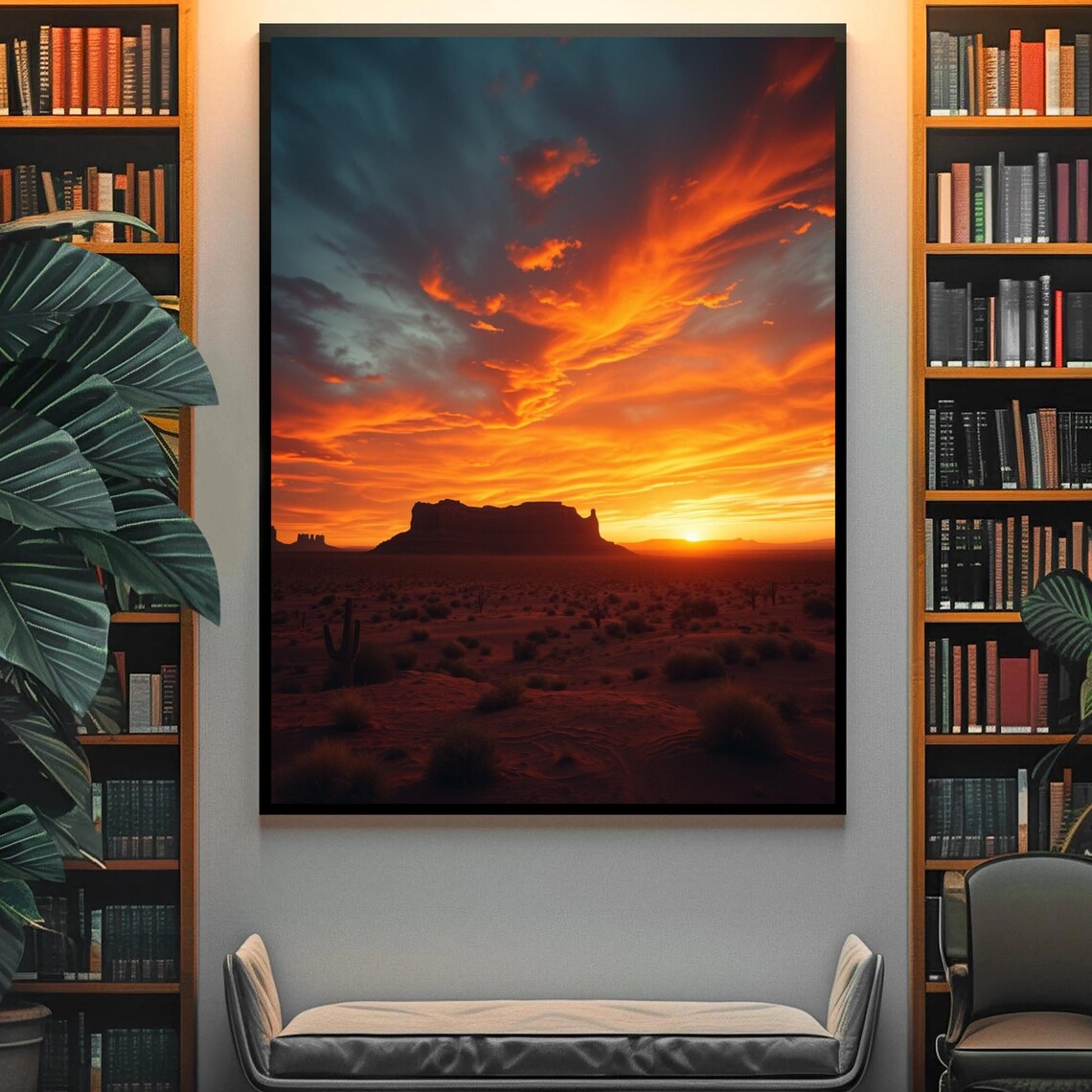 Desert Mesa Sunset Fiery Orange Sky Cacti Western Landscape Poster - Image 4