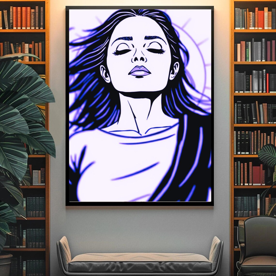 Spiritual Woman Closed Eyes Flowing Hair Blue Line Art Meditation Zen Poster - Image 4