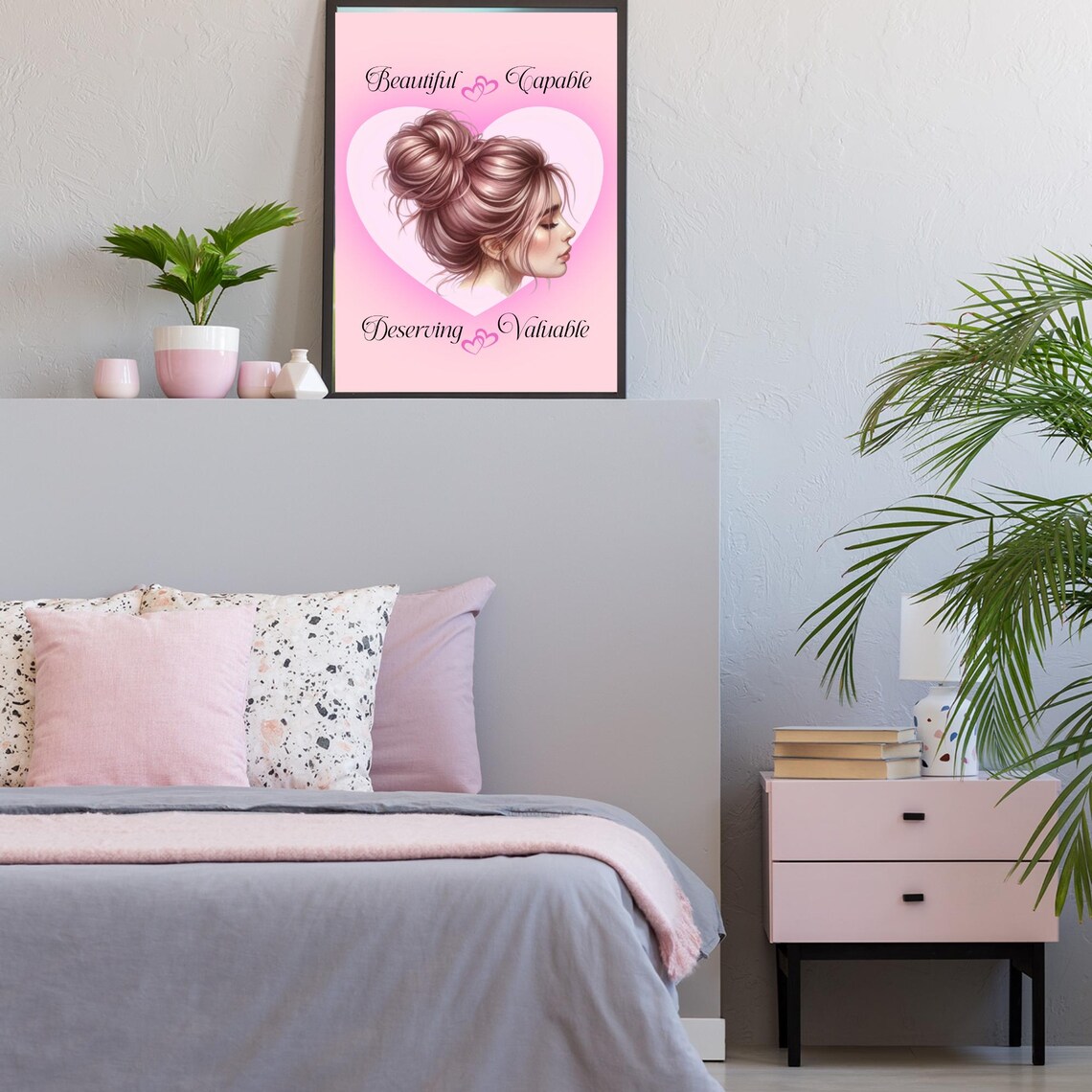 Beautiful Capable Deserving Valuable Empowerment Quote Pink Heart Print - Image 3