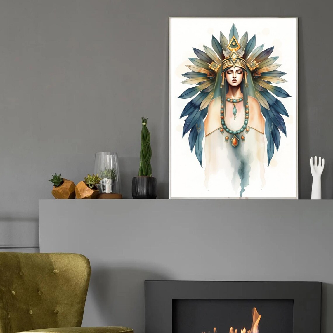 Aztec Queen Watercolor Feather Headdress Turquoise Jewelry Regal Poster - Image 2