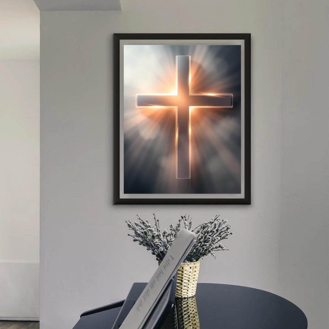 Glowing Cross Divine Light Rays Dark Cloudy Sky Faith Christian Poster - Image 3