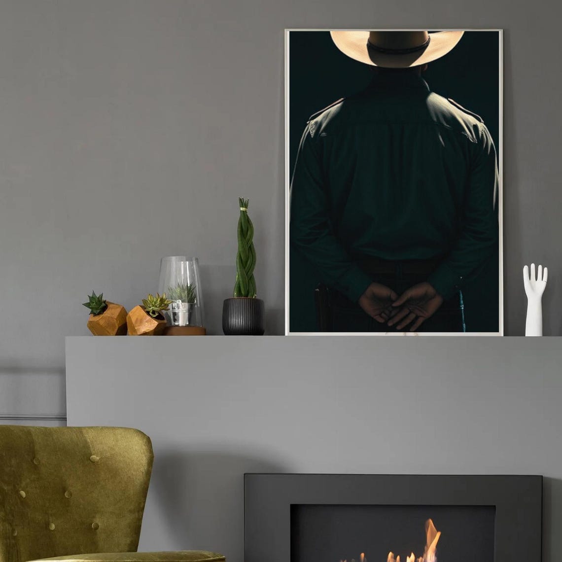 Cowboy From Behind Dark Green Shirt Clasped Hands Moody Ranch Print - Image 2