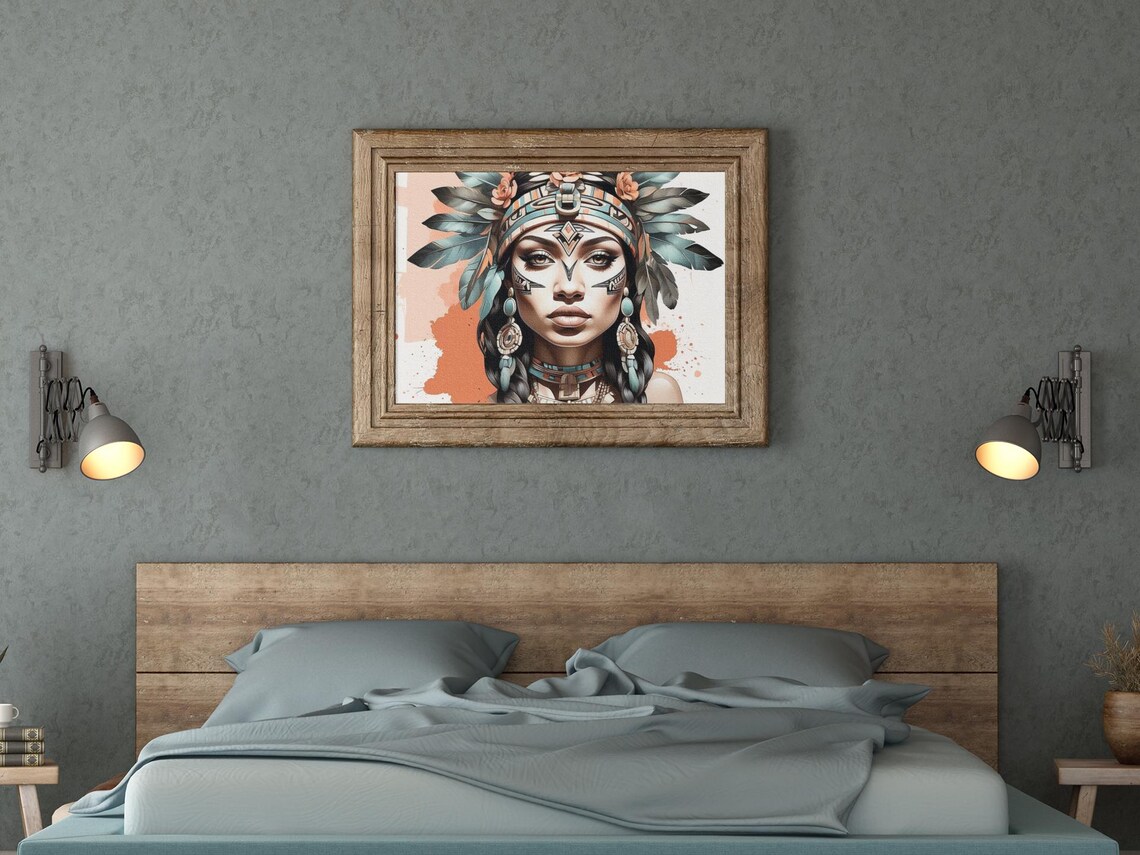 Aztec Princess Portrait Feather Headdress Turquoise Tribal Face Paint Poster - Image 3