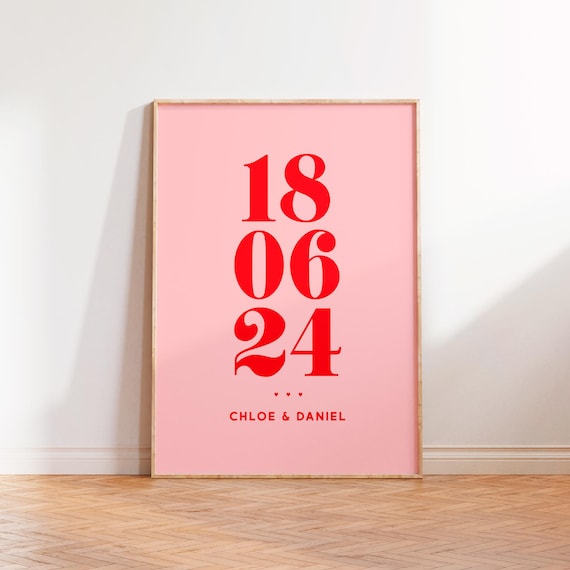 Date Name Personalised Print Customised Couple Gifts Unframed A5 A4 A3 A2 A1 Pink Red Retro Typography Print Anniversary Wedding Gift
