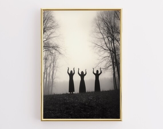 Three Witches Pagan Ritual Foggy Forest Silhouette Witchy Poster
