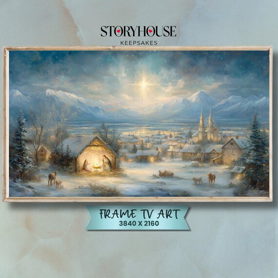 Bethlehem Star Nativity Snowy Village Impressionist Christmas Wall Art
