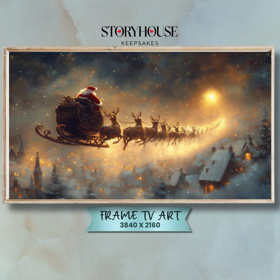Santa Claus Sleigh Night Flight Reindeer Christmas Painting Poster