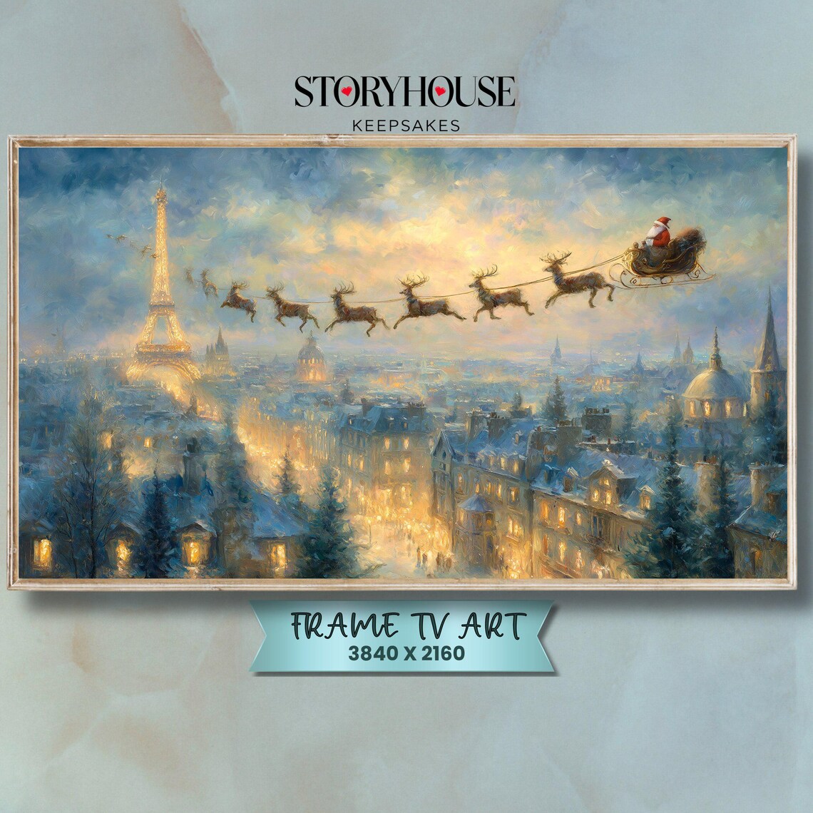 Santa Claus Sleigh Over Paris Eiffel Tower Christmas Night Poster