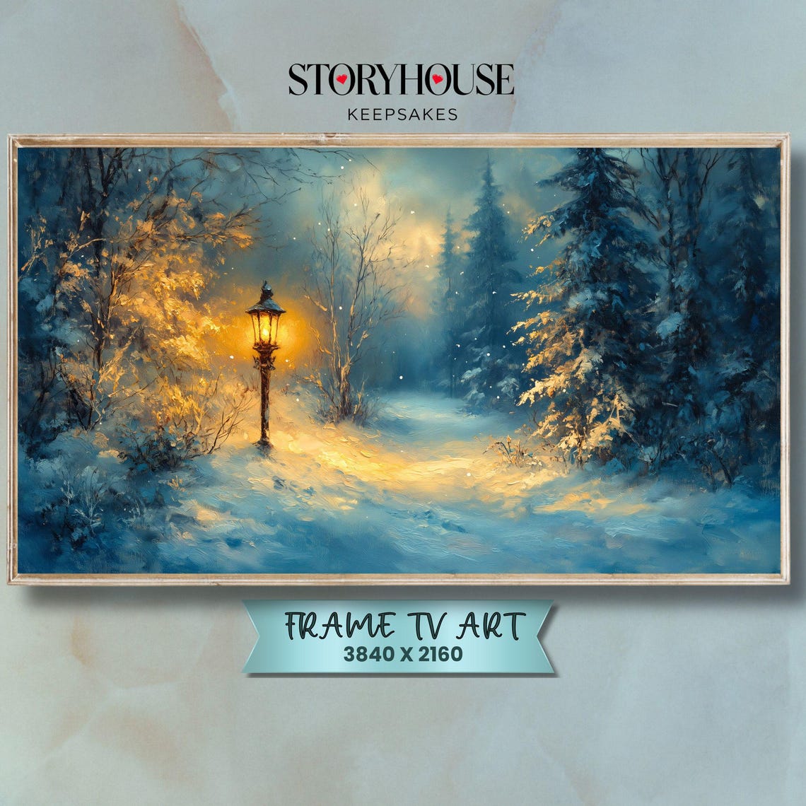 Cozy Winter Lamplight Snowy Forest Path Impressionist TV Art Poster