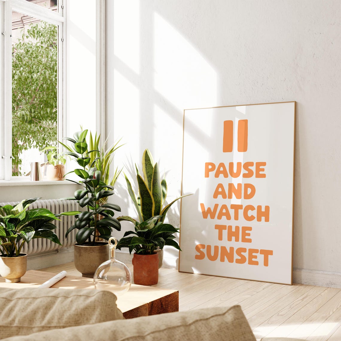 Pause And Watch The Sunset Warm Orange Retro Typography Quote Poster