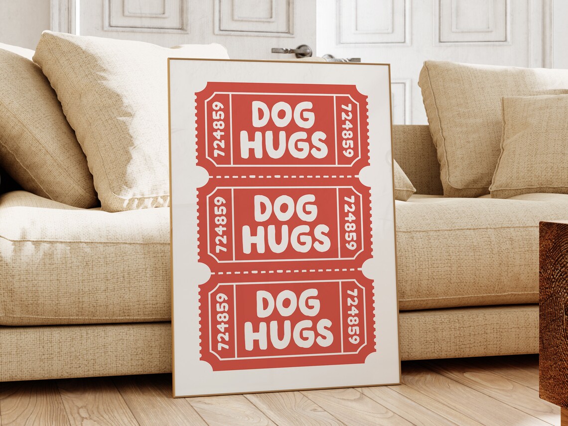 Dog Hugs Red Raffle Ticket Style Retro Typographic Dog Poster - Image 2
