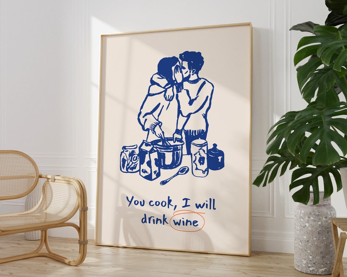 You Cook I Will Drink Wine Funny Kitchen Couple Blue Line Art Poster - Image 2