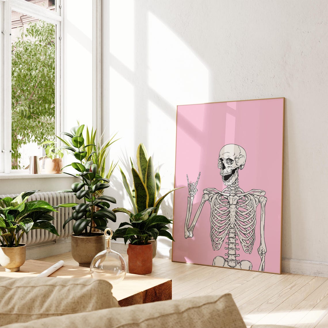 Pink Skeleton Peace Sign Halloween Art Funny Retro Skeleton Poster - Image 3