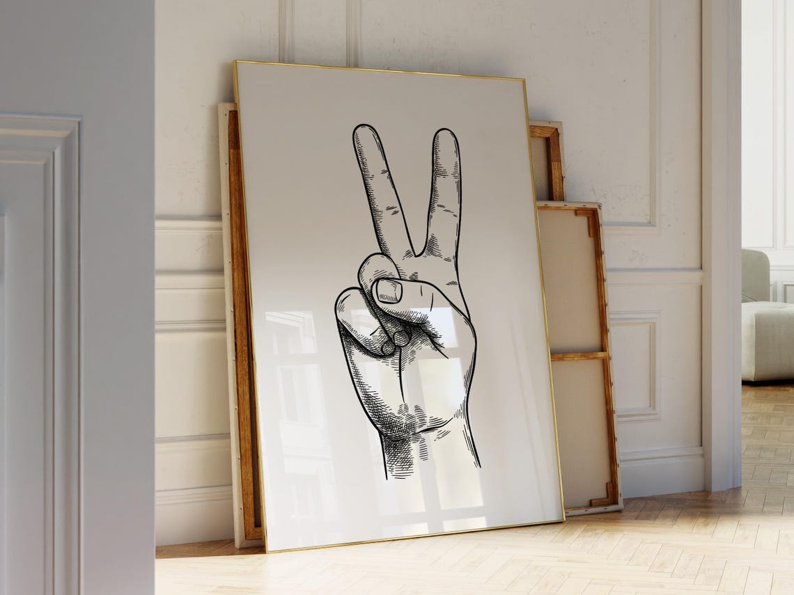 Peace Sign Hand Gesture Minimal Line Art Drawing Wall Poster - Image 3