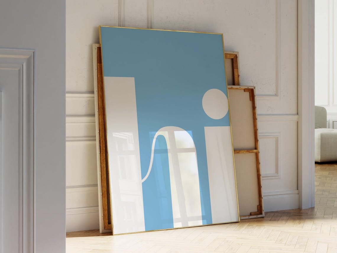 Hi Blue White Abstract Minimalist Typographic Letter Art Poster - Image 3