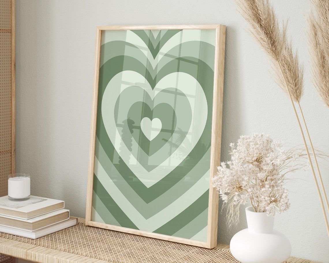 Sage Green Concentric Hearts Retro Y2K Aesthetic Wall Poster