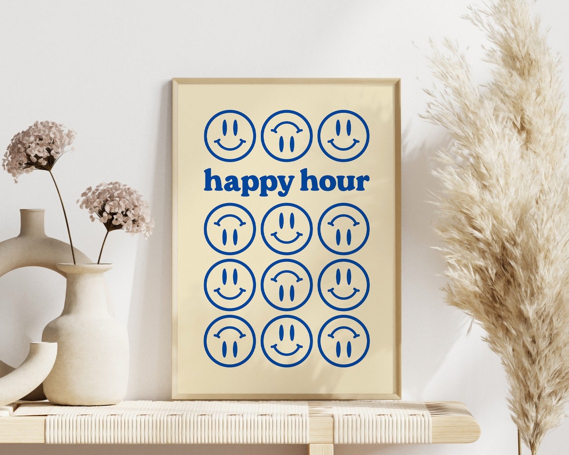 Cheerful Happy Hour Blue Smiley Face Retro Cocktail Bar Wall Poster - Image 2