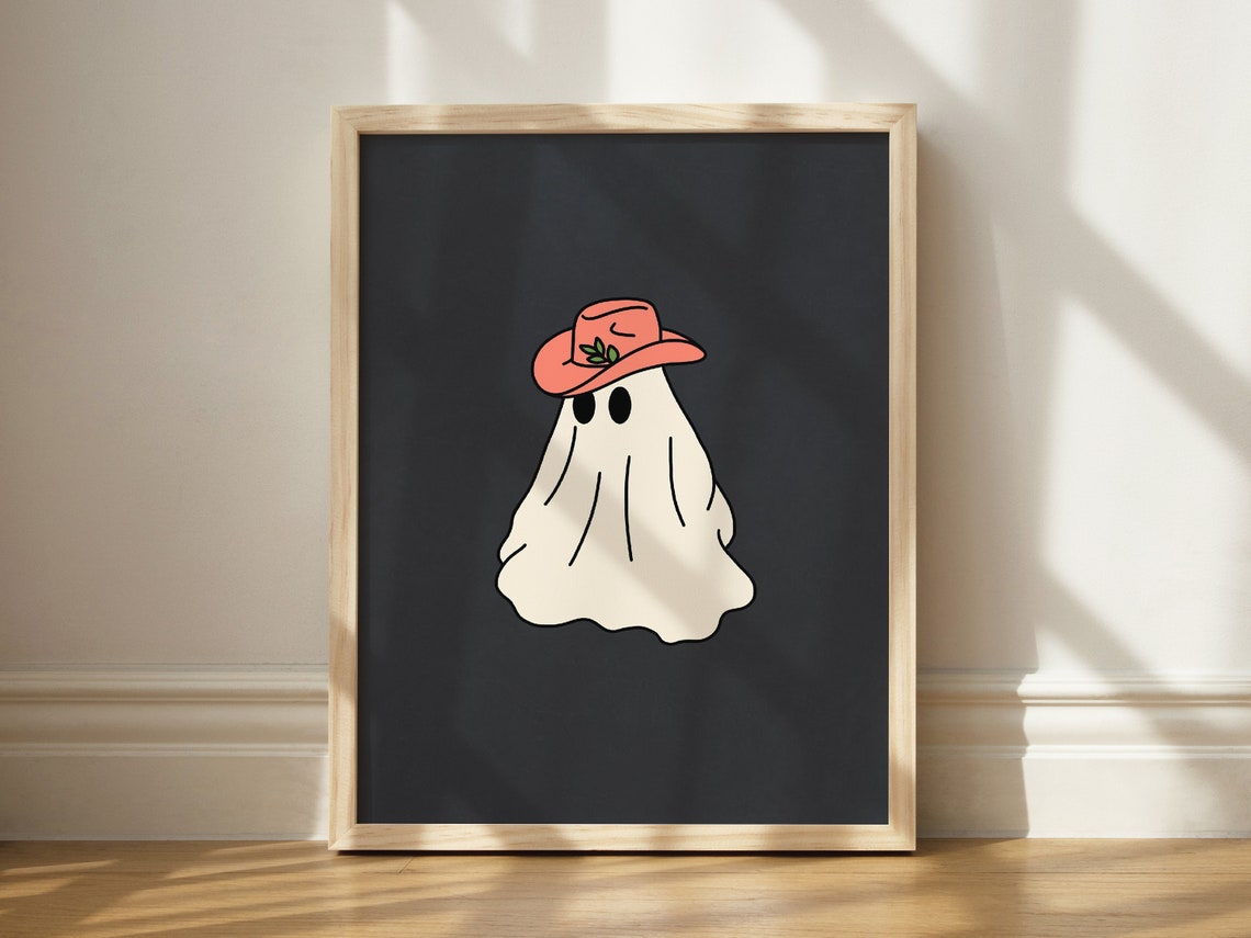 Cute Cowboy Ghost Halloween Coral Hat Minimalist Illustration Poster