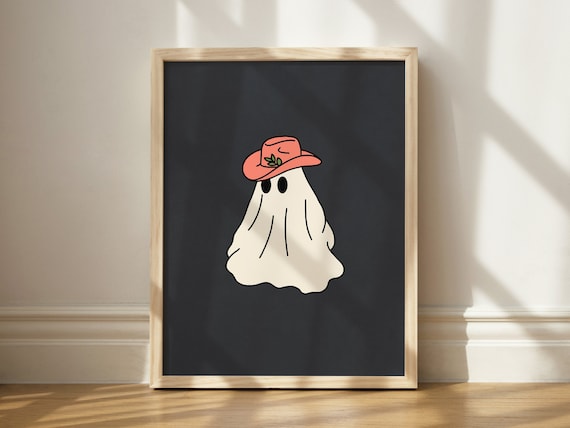 Cowboy Print Halloween Art Coral Hat Fall Decor Quirky Wall Weird