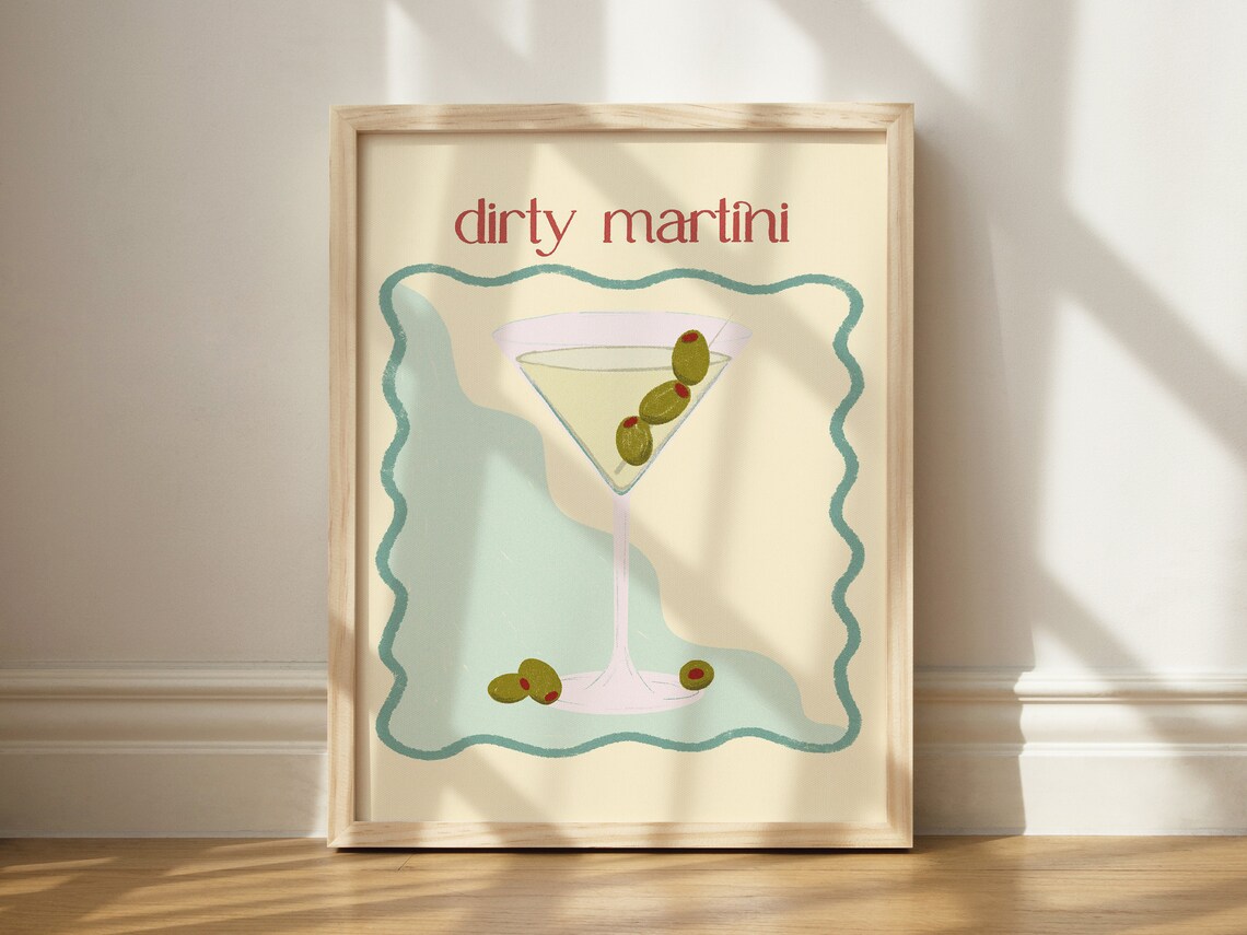 Dirty Martini Olive Cocktail Illustration Retro Bar Cart Art Poster