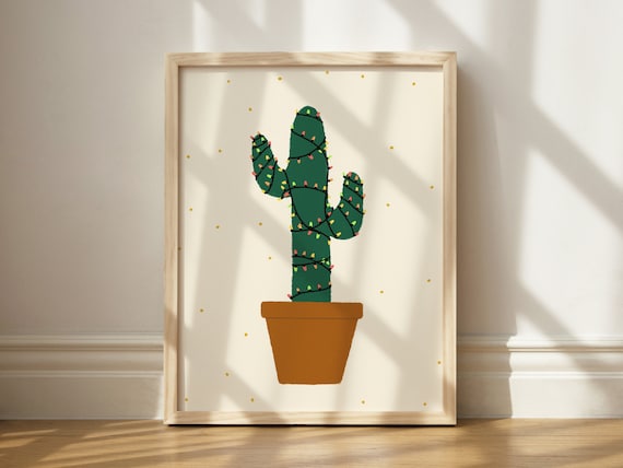 Christmas Cactus With String Lights Holiday Botanical Wall Art