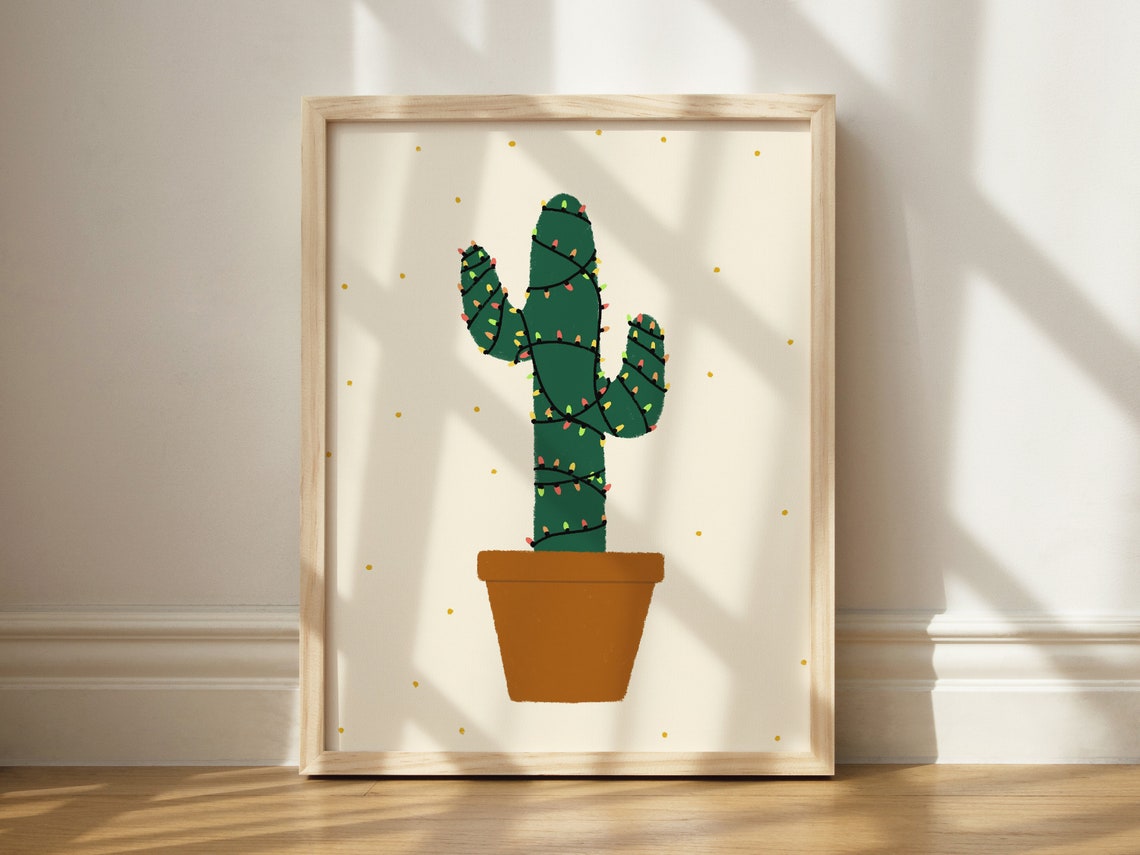 Christmas Cactus With String Lights Holiday Botanical Wall Art