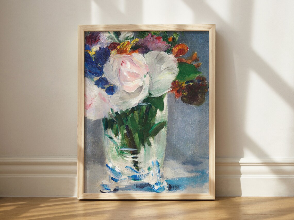 Impressionist Floral Bouquet Crystal Vase Oil Painting White Roses Poster