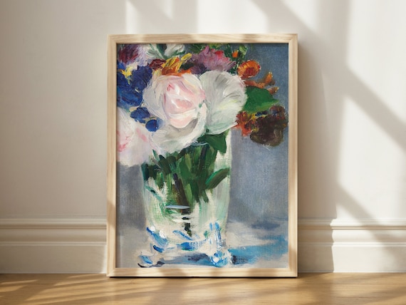 Impressionist Floral Bouquet Crystal Vase Oil Painting White Roses Poster